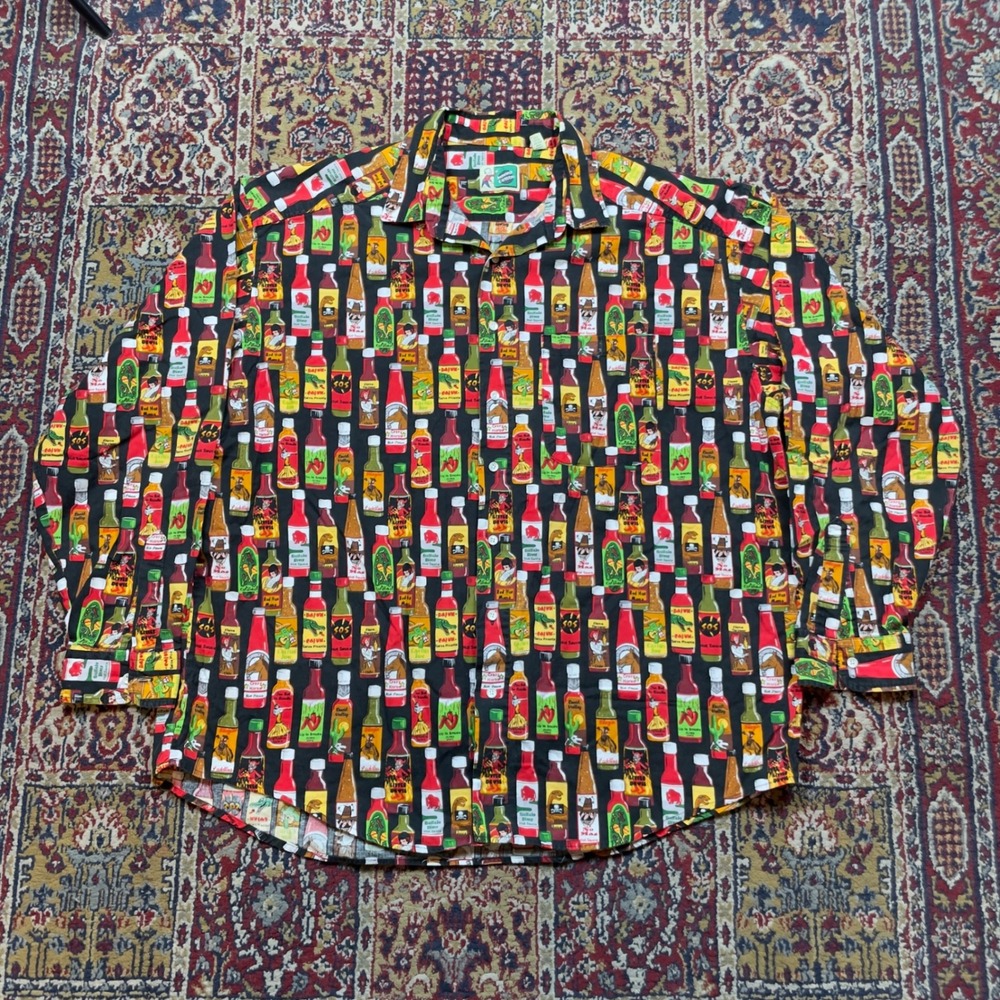 VTG 80s 90s Johnny Cotton Mens XL Hot Sauce Bottle Black Red Button Up Shirt USA